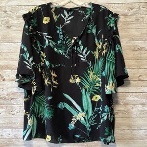 Worthington Blouse Womens XXL Floral Print Vneck Ruffle Short Sleeve Boho